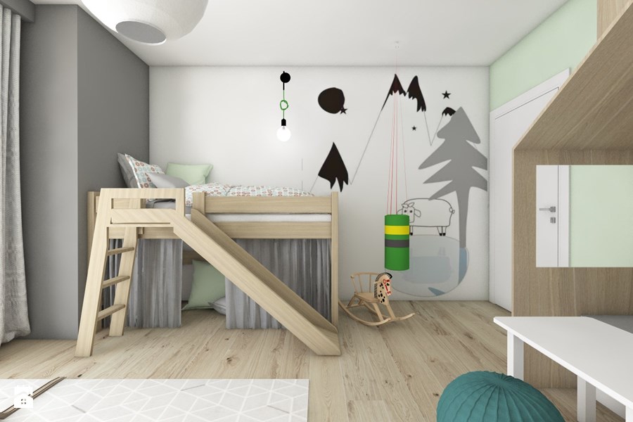 Pomysłowy pokój dziecka, wykorzystujący dodatkową przestrzeń.